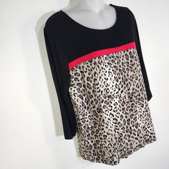 Chico's Women Colorblock Leopard Top Size 1 Medium 3/4 Sleeve Black Stretch Knit - Picture 4 of 9